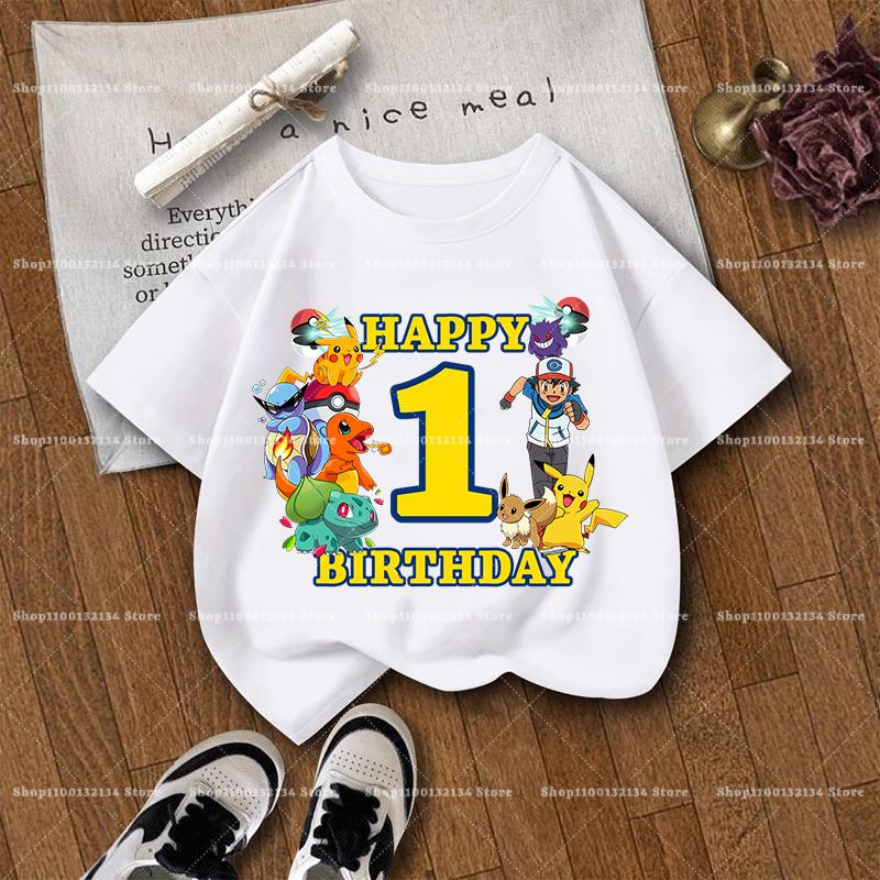 T-shirts d'anniversaire pour enfants, motif Pokémon, Pikachu, manches courtes, imprimés, vêtements d'été