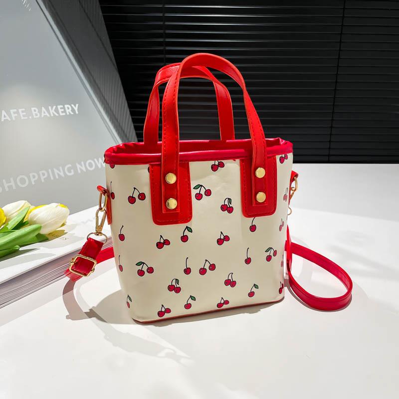 

Женская большая вместительная симпатичная сумка-ведро через плечо для поездок на работу - вишневый принт, модная сумка для повседневного офиса, новое поступление красный