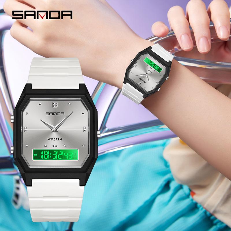 Sanda TEMU Men's Sports Watch: Hot-Selling, Waterproof, Luminous, Thin Square Design, Dual Display, Three Time Zones.