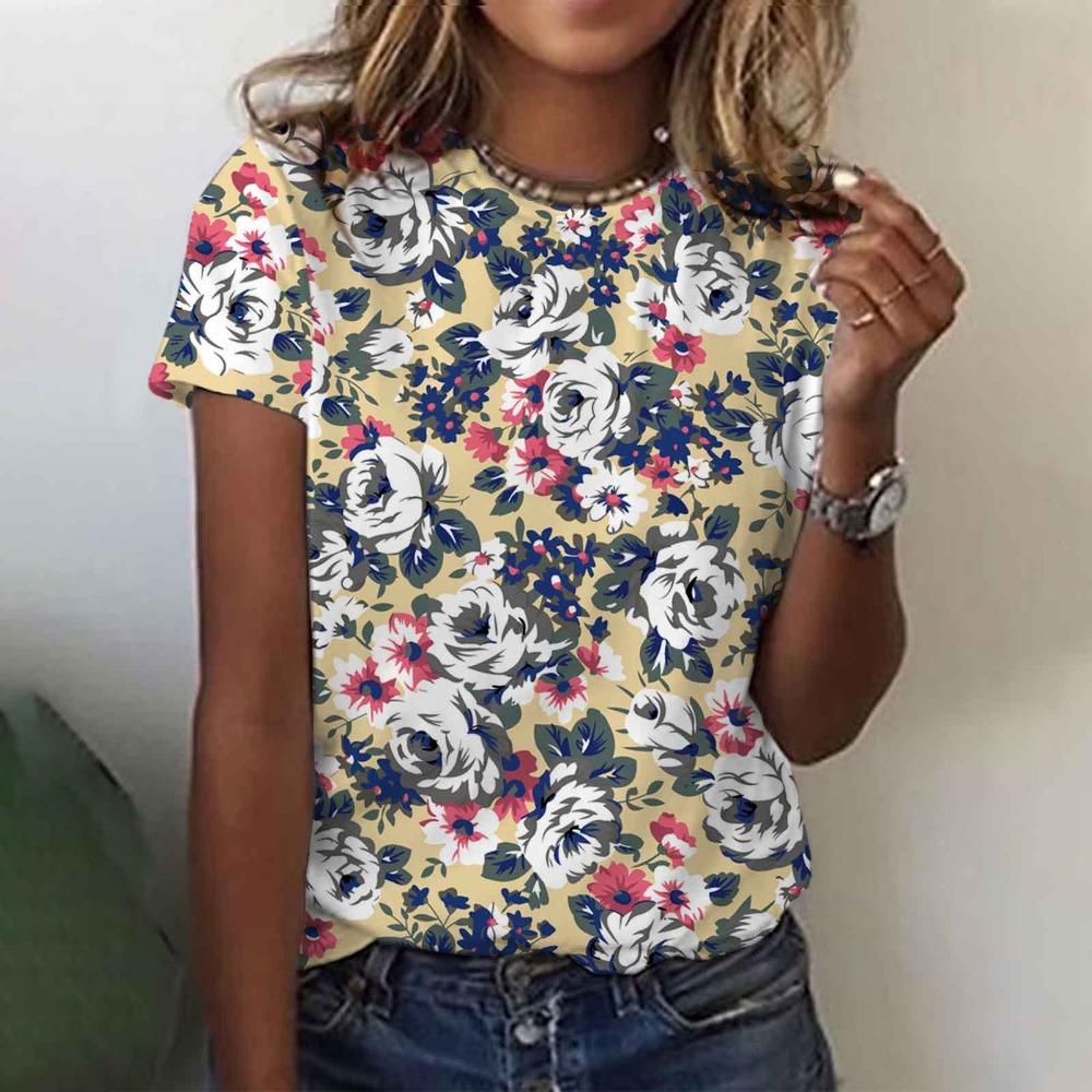 Colorful Floral 3D Digital Printed Women's Fashionable Casual Round Neck Short Sleeved T-shirt
