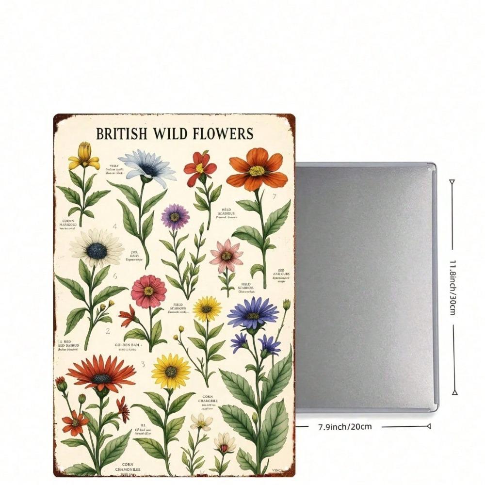 Vintage British Wild Flowers Iron Sign 8x12 Inch, Retro Floral Metal Plaque, 2D Flat Illustrated Wall Decor for Home