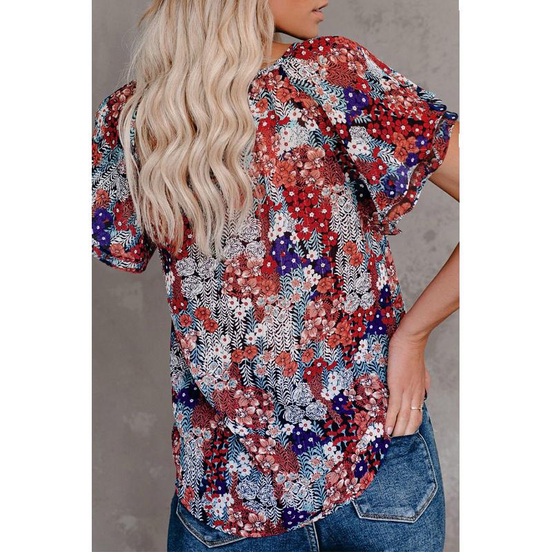 2026 New Printed Women's Summer V-Neck Half-Open Short-Sleeve Loose Casual T-Shirt