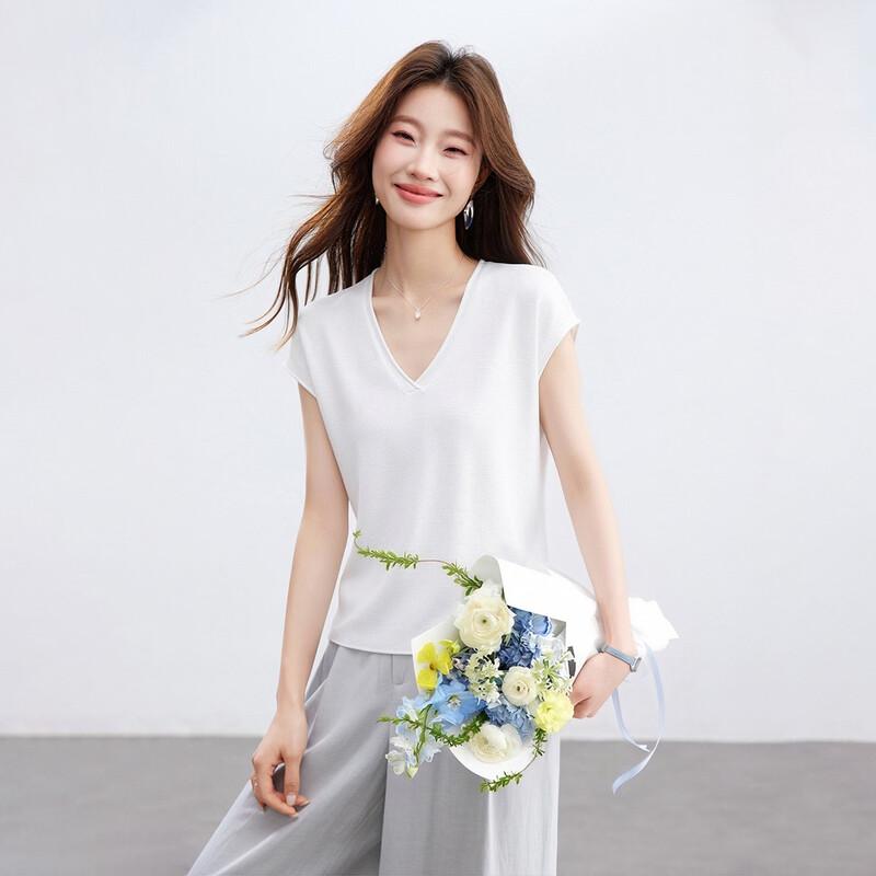 Srcr Women s V-Neck Silk Blend Knit Short Sleeve T-Shirt XL