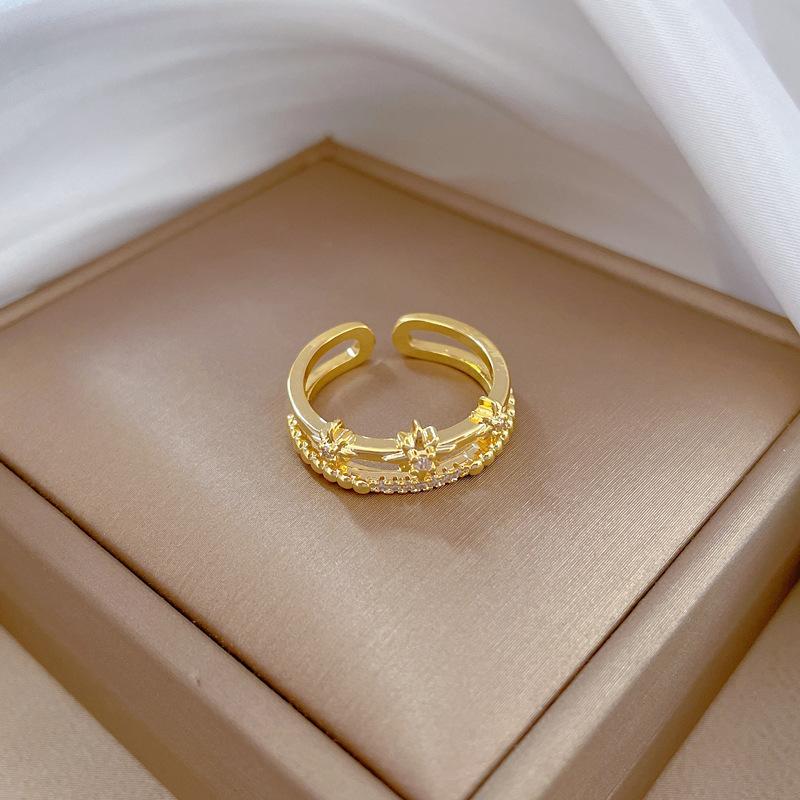 Real Gold Light Luxury Full Diamond Star Ring Opening Adjustable Simple Jewelry Japanese Ring Couple Ring