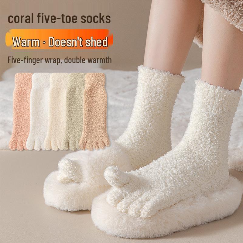 Women's Plush Coral Fleece Five-Toe Maternity Socks for Autumn & Winter