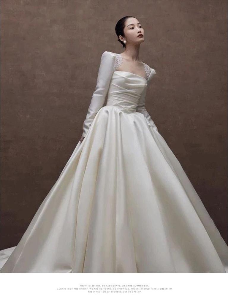 Satin Retro Light Wedding Dress with Small Long Sleeves - 2024 Bridal Collection