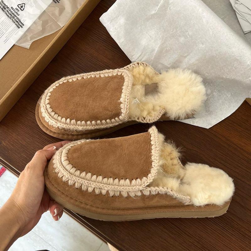 

Woven fur integrated bag head half slippers 2025 autumn and winter new Mao Mao shoes flat bottom outer wear warm slippers women 35 малиновый