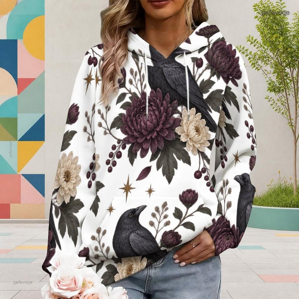 Women Plus Size Cute Cow Cactus Printed White Long Sleeve Drawstring Hoodie Kangaroo Pocket Pullover