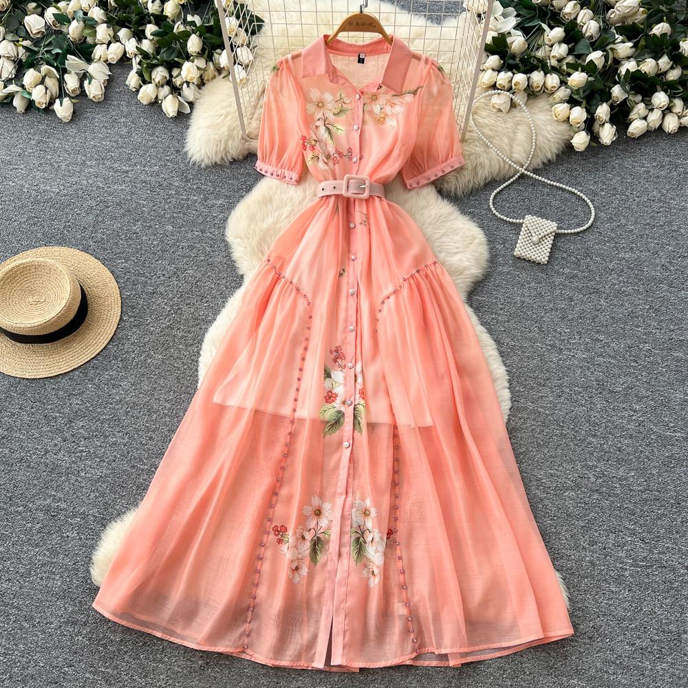 Elegant Short-Sleeve Floral Embroidered Dress for Women Vintage Turn Down Collar Belt Slim A-line Long Maxi Dress