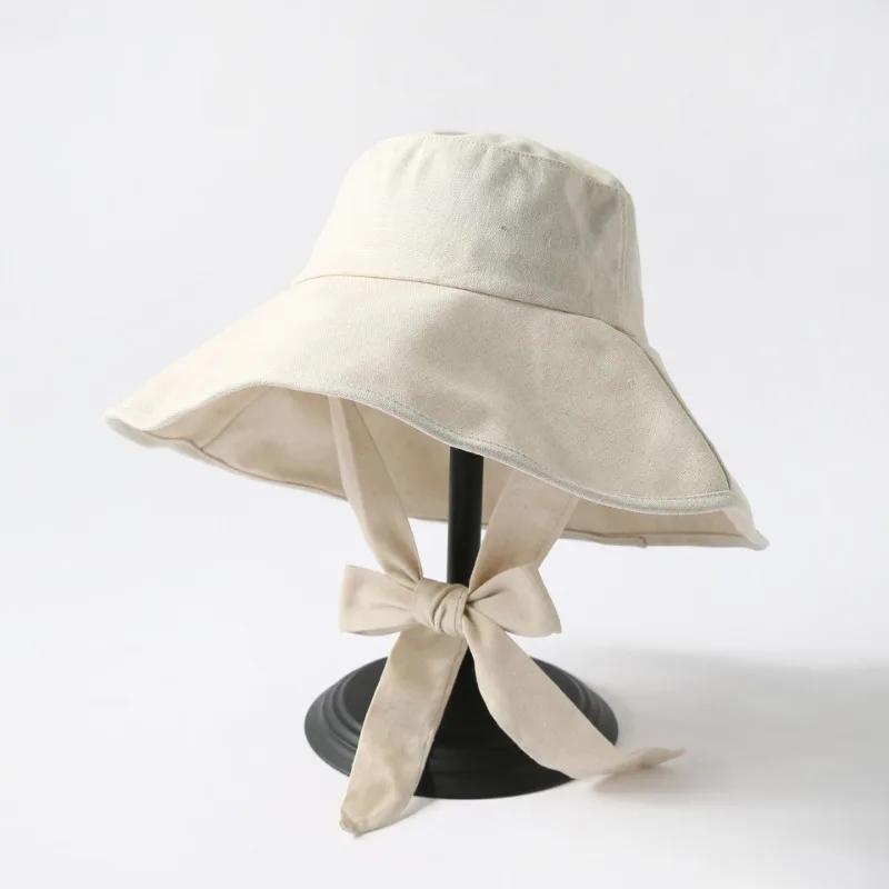 Summer Spring Tie Bucket Hat Women Big Brim Fisherman Hat Foldable Sunscreen Chic Cotton Linen Beach Sun Hat