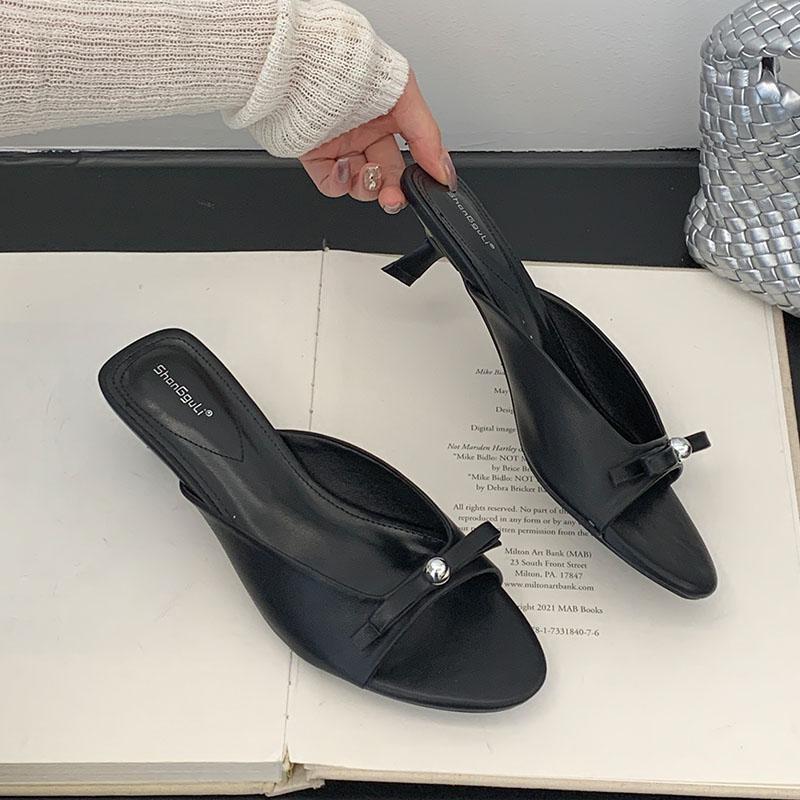 Fashion Fashion Metal Women Low Heel Slippers Slides Female Round Toe Footwear Butterfly-Knot Ladies Heeled Slippers Sandals Shoes Pumps