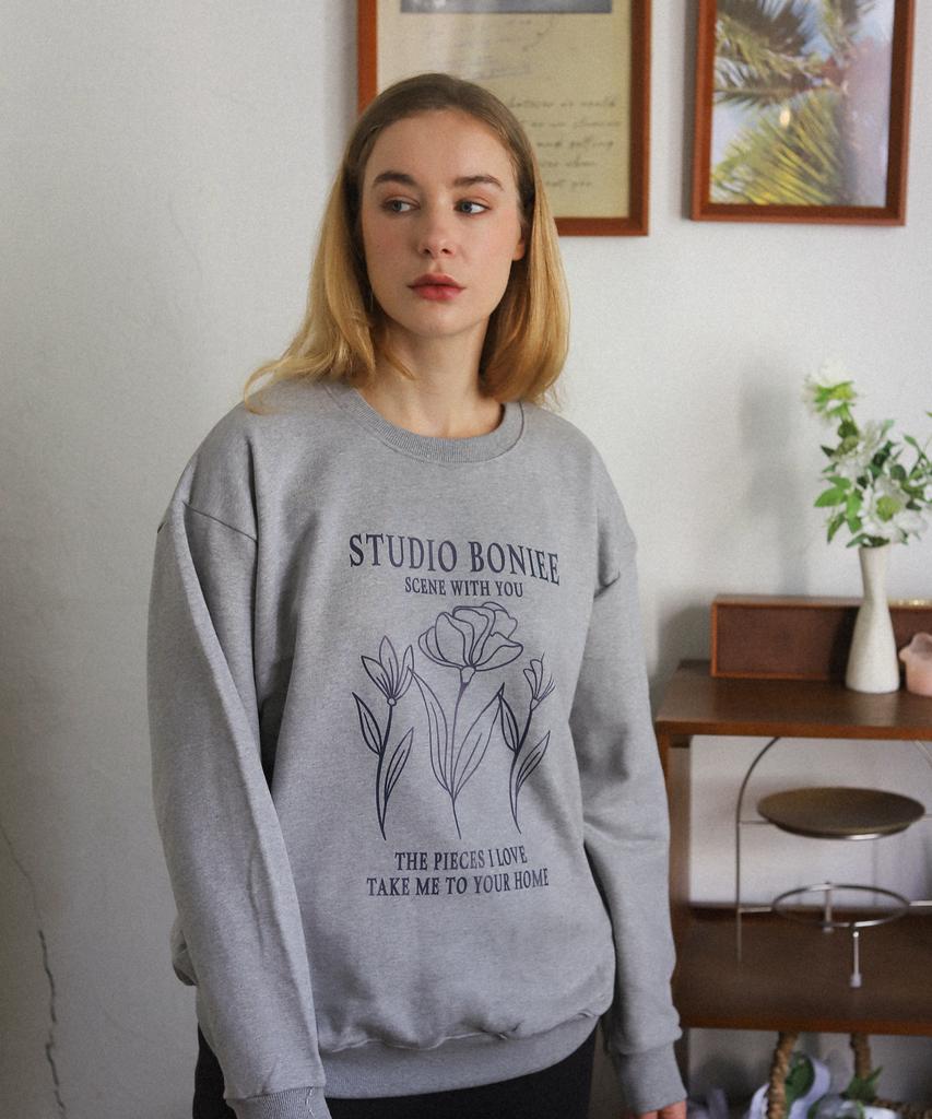 BONIEE [Fleece Lined] Vintage Flower Graphic Oversized Sweatshirt Gray