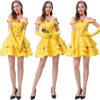 Halloween Beautiful Woman and Beast Bell Princess Skirt Queen Dress Yellow Bell Princess Dress Costume