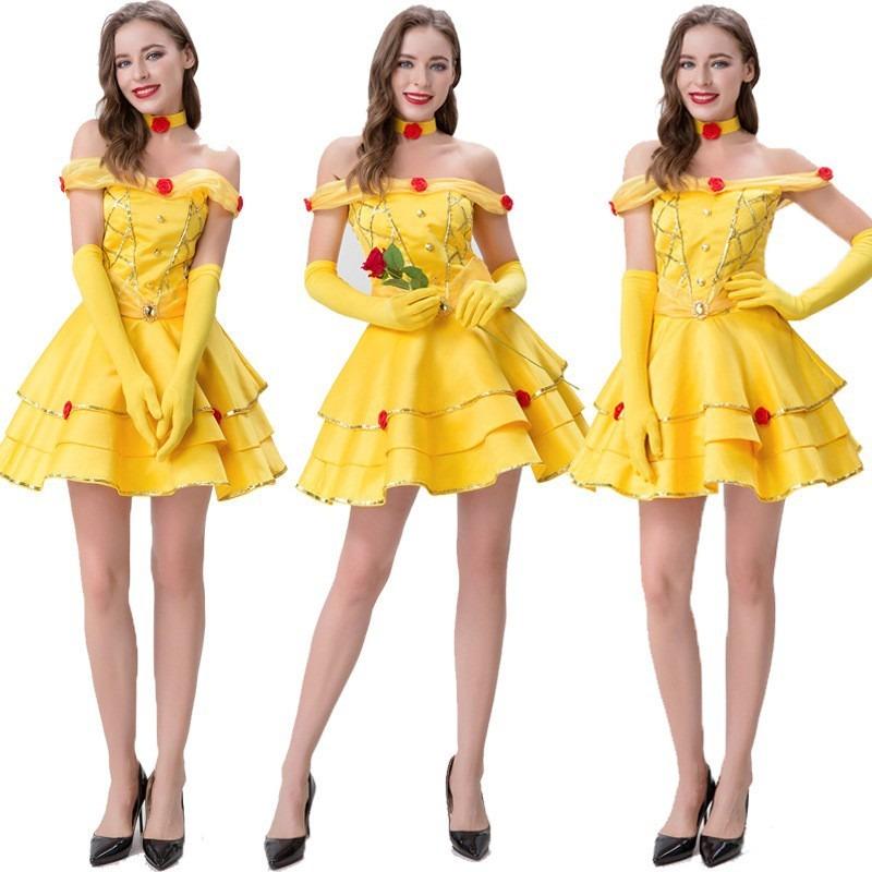 Halloween beautiful woman and beast bell princess skirt queen dress yellow bell princess dress costume