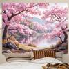 Tapisserie Lac aux Fleurs de Cerisier Style Asiatique 2D Arbre Sakura Rose Romantique Art Mural pour Décoration de Chambre Esthétique et Toile de Fond de Fête