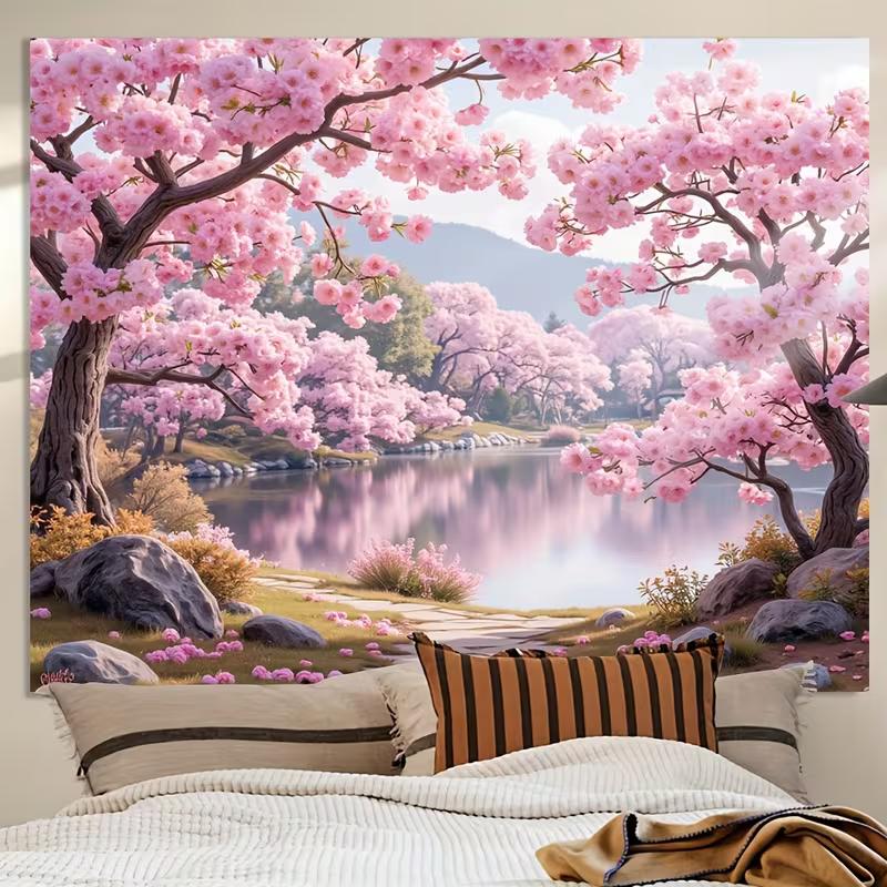 Tapisserie Lac aux Fleurs de Cerisier Style Asiatique 2D Arbre Sakura Rose Romantique Art Mural pour Décoration de Chambre Esthétique et Toile de Fond de Fête