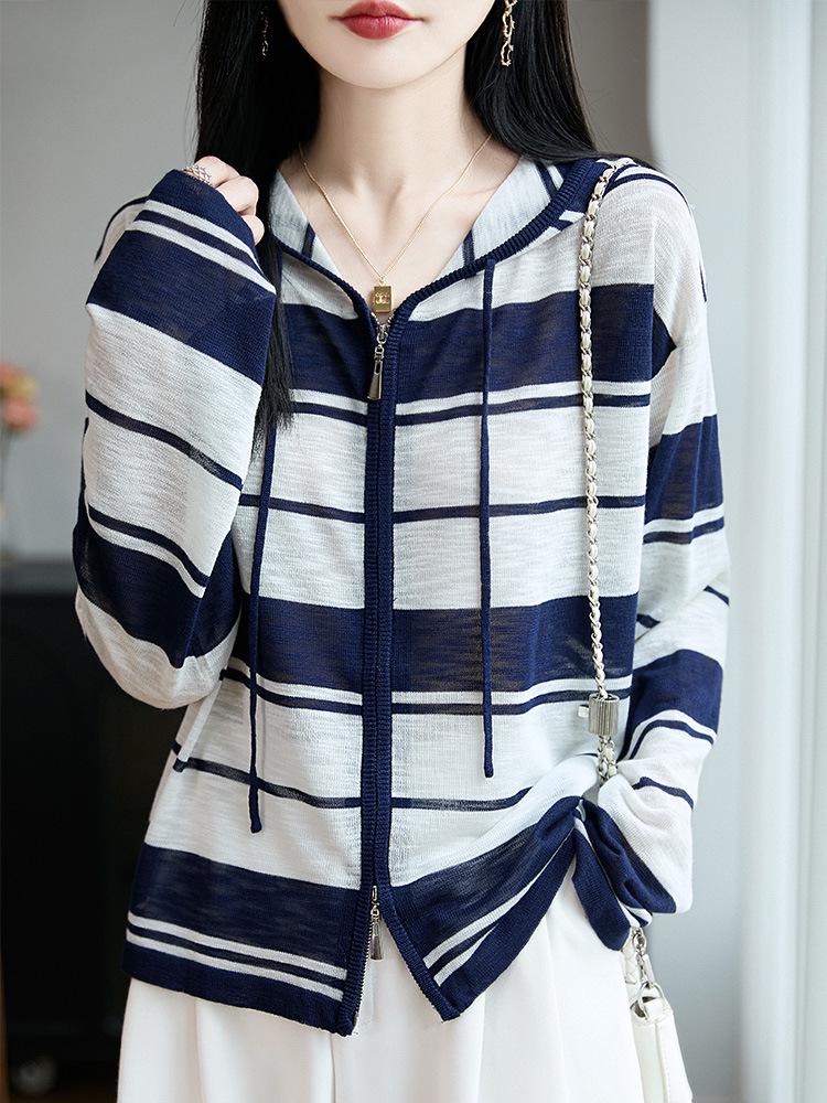 Versatile Plus Size Striped Knit Hooded Cardigan for Women - Early Autumn & Spring Fashion