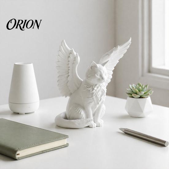 Desktop Commemorative Gift Angel Cat Desk Ornament, Matte White 3D Printing Figurine, Minimalist Statues Winged Sculpture for Home Office Shelf