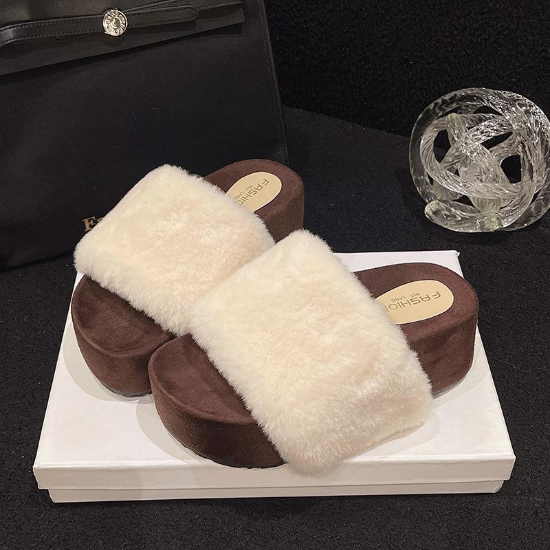 Premium Thick-bottomed Fluffy Slippers for Women's Outer Wear 2025 New Autumn and Winter Non-slip and Height-increasing One-word Cotton Slippers