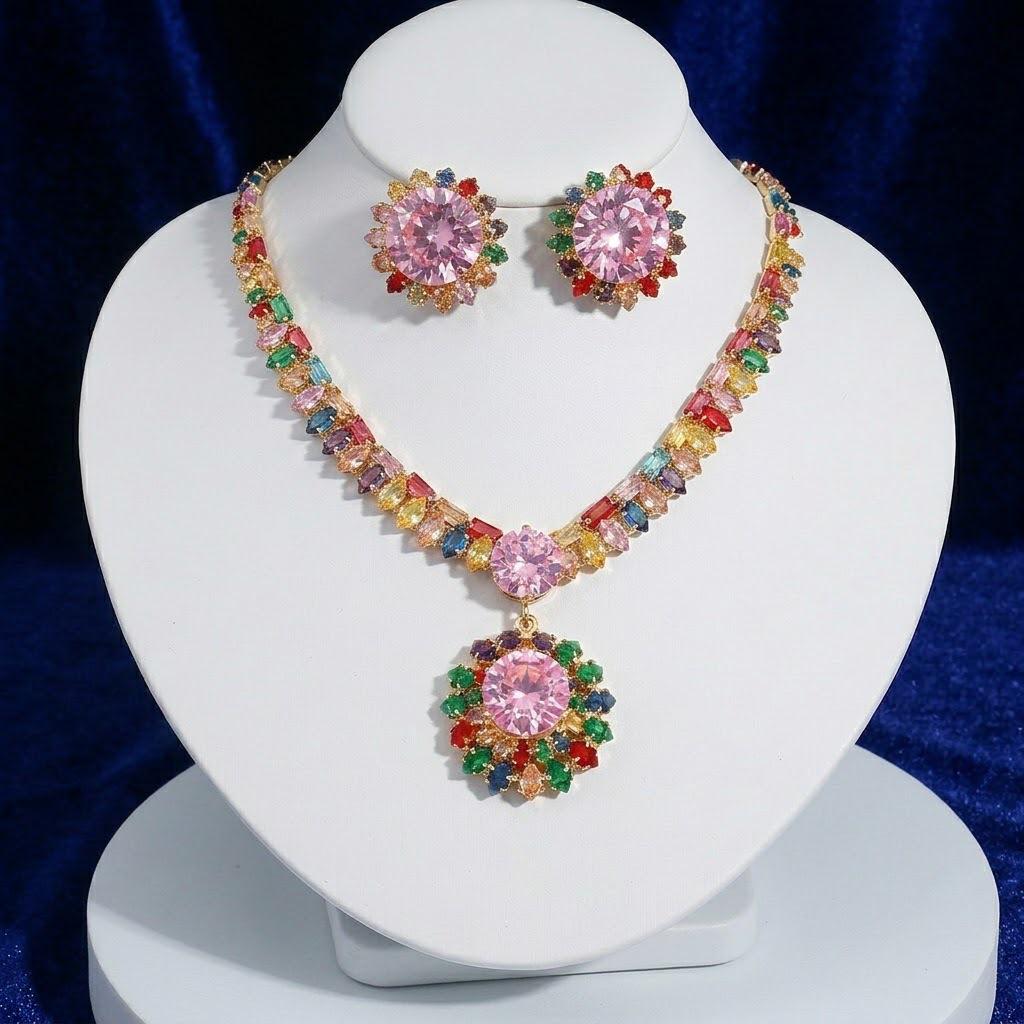 European-American Zircon Necklace & Earrings Set: Seven-Color Trendy Flower Design