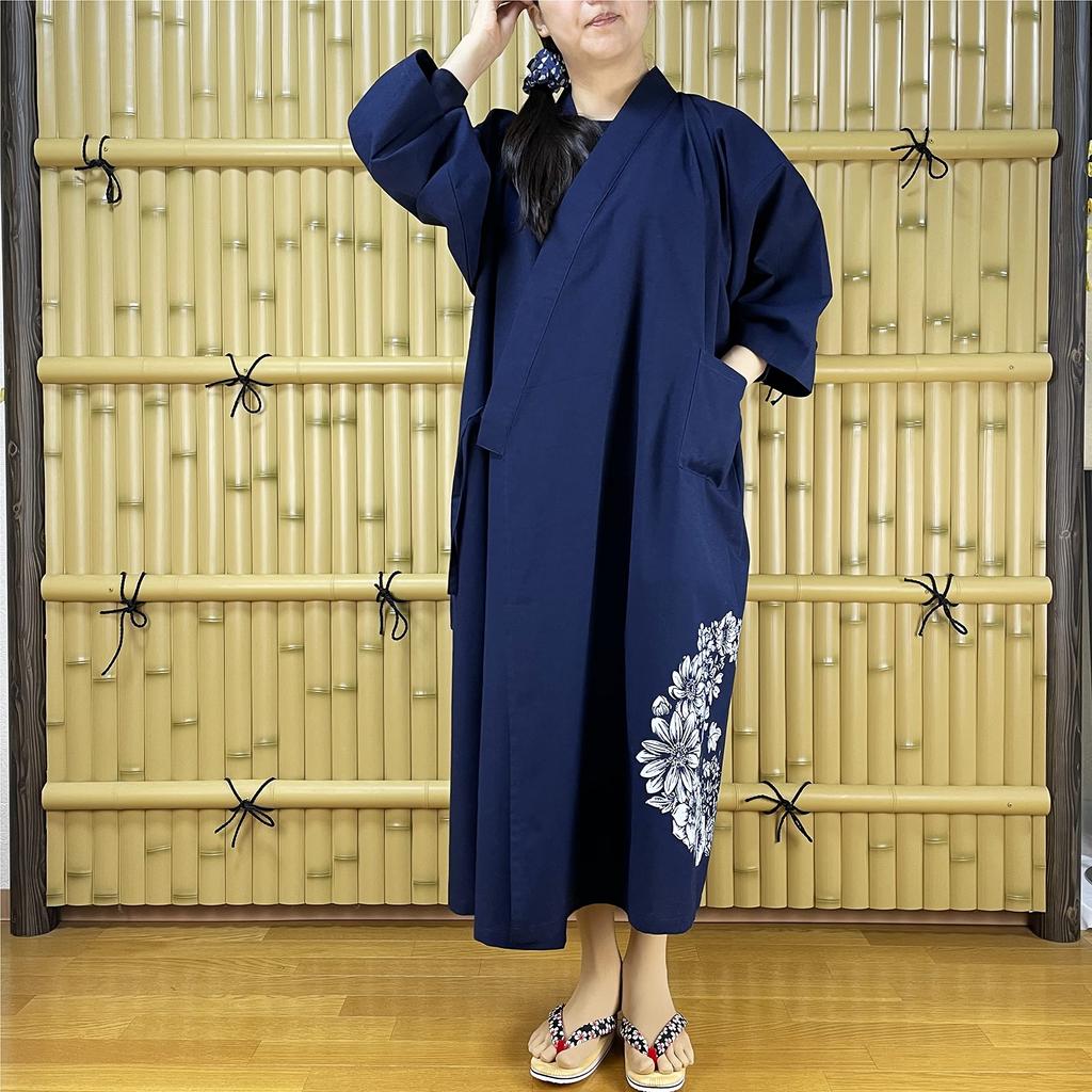 Exclusive Original Mizuyagi Length Bouquet [momoten] [Amazon Brand] (Mizuyagi) Kimono, Workwear, Samue, Haori, Bathrobe, Apron, Navy, 120cm,