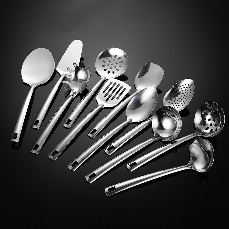 Stainless Steel Kitchen Utensil Set: Spatula, Soup Ladle, Slotted, Serving, Portion Spoons & Frying Pan Tools.