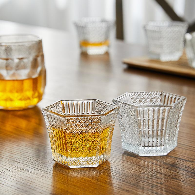 1 Piece 75ml Heat Resistant Tea Cup Elegant Engraving Hexagonal Crystal Bright Shot Glass Small Capacity Sake Soju Glass Cup