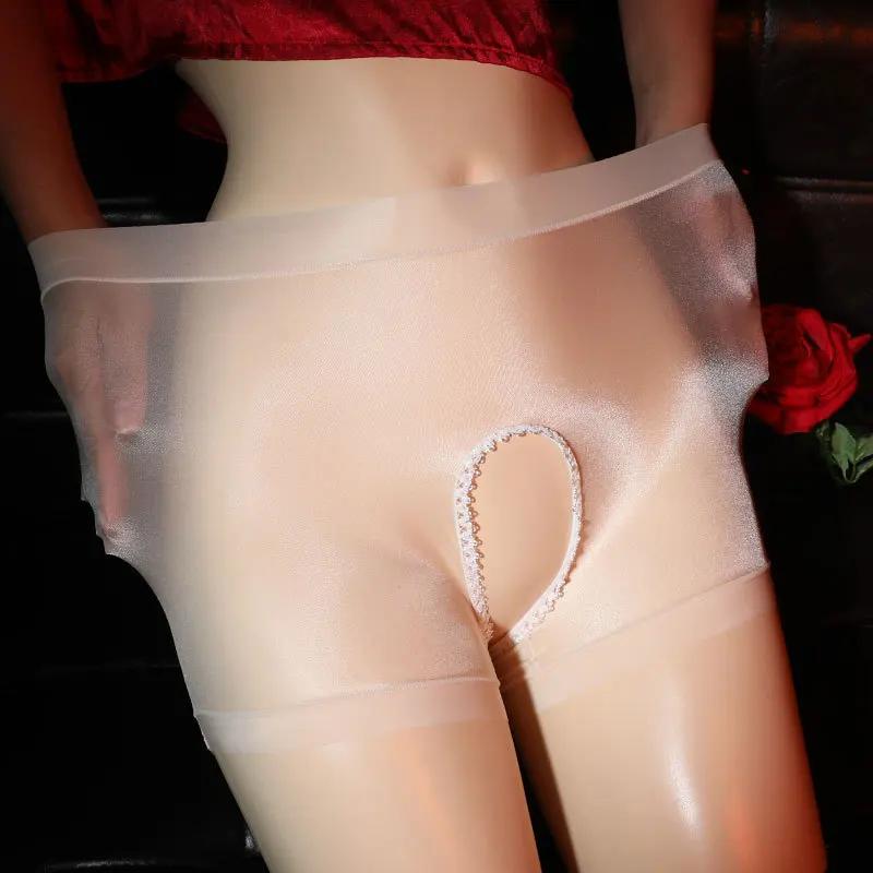 Open Crotch Underwear For Sex Women Stretch Oil Shiny Hollow Out Underpant Glossy Panties Erotic Lingerie Transparent Boyshort