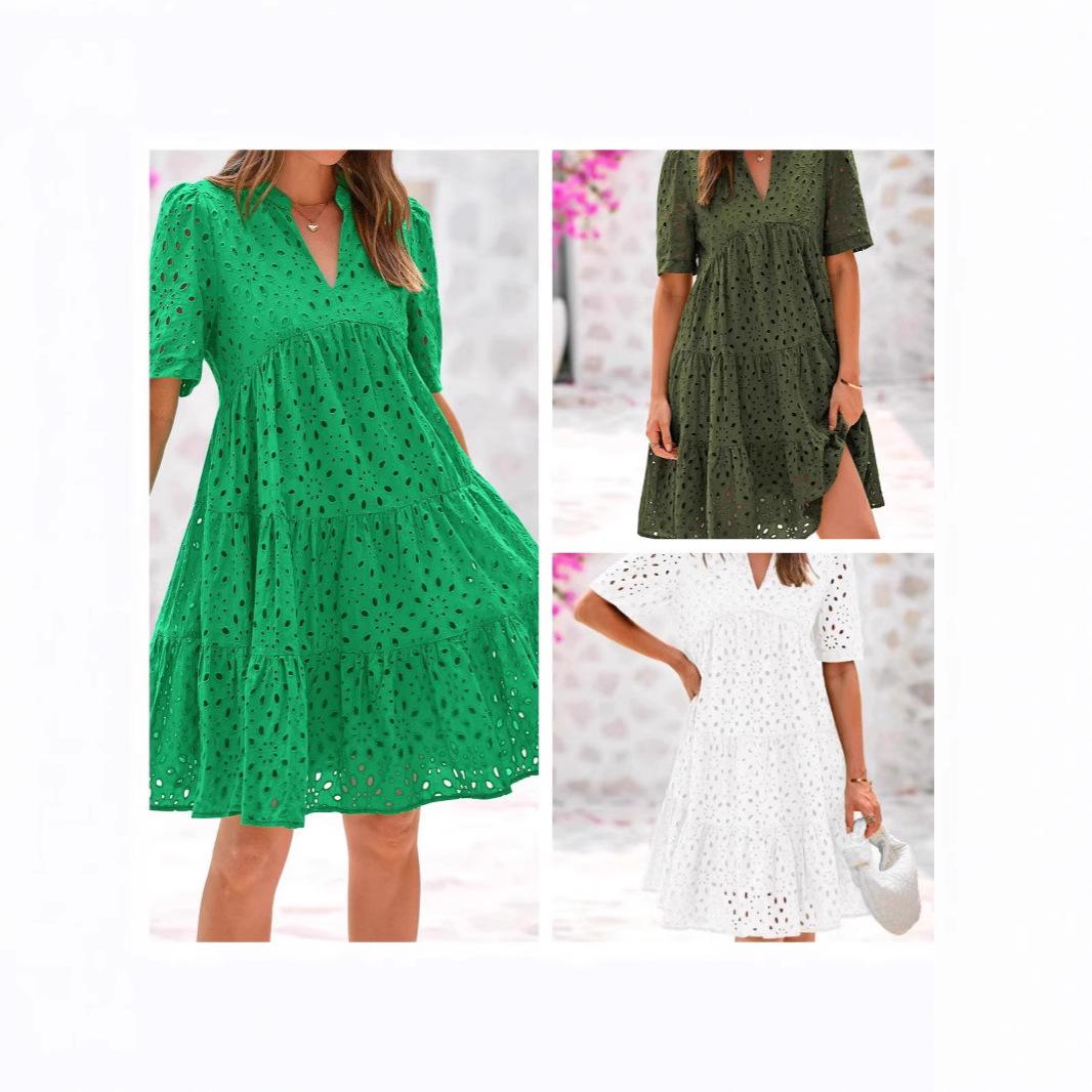 

Women s V-Neck Short Sleeve Lace Hollow Out Layered Tiered Dress in Multiple Colors XL