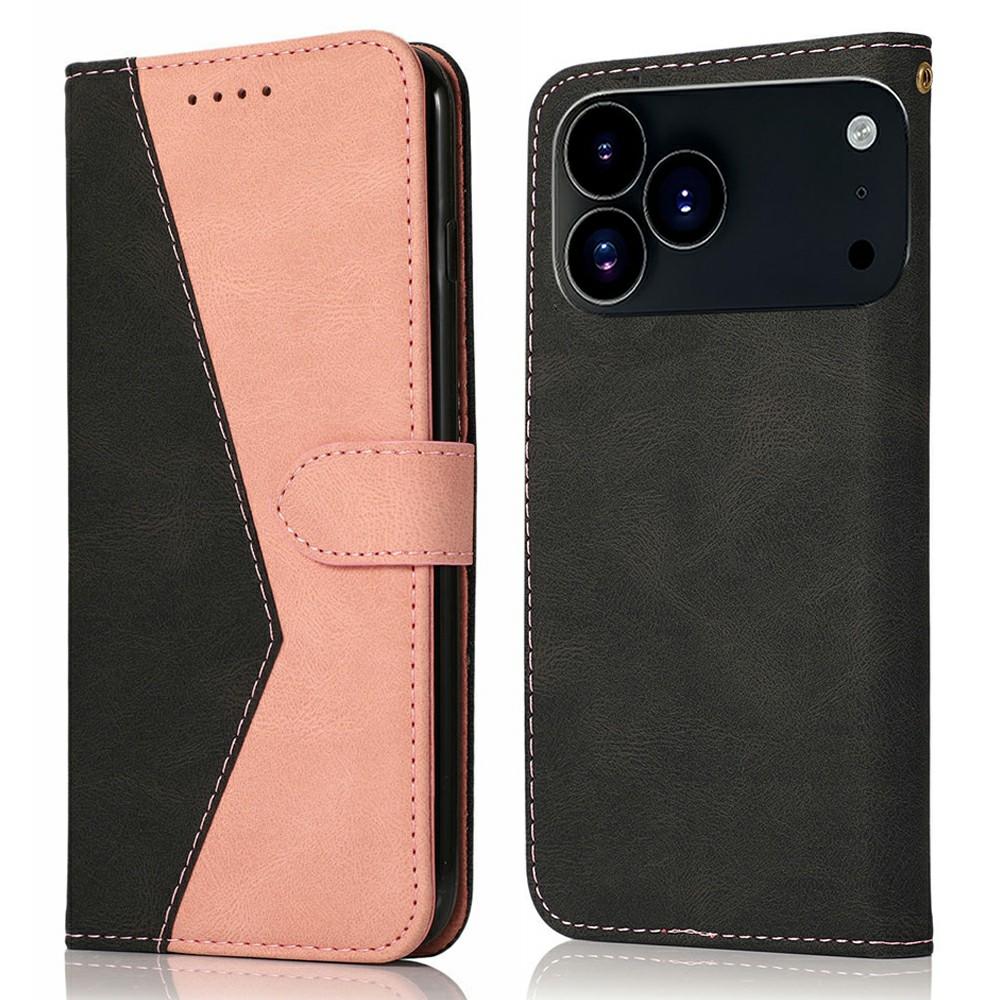 

For iPhone 17 Pro Max Case Color Splicing Wallet Stand Leather Phone Cover with Wrist Strap Black/Rose Gold