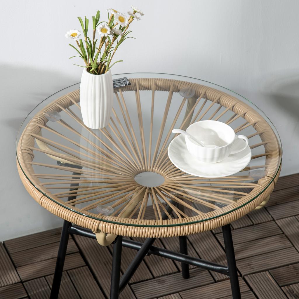 Boho-style Garden Table. PE Rattan. Tempered Glass. Weatherproof. 50cm X 50cm X 50cm. Beige
