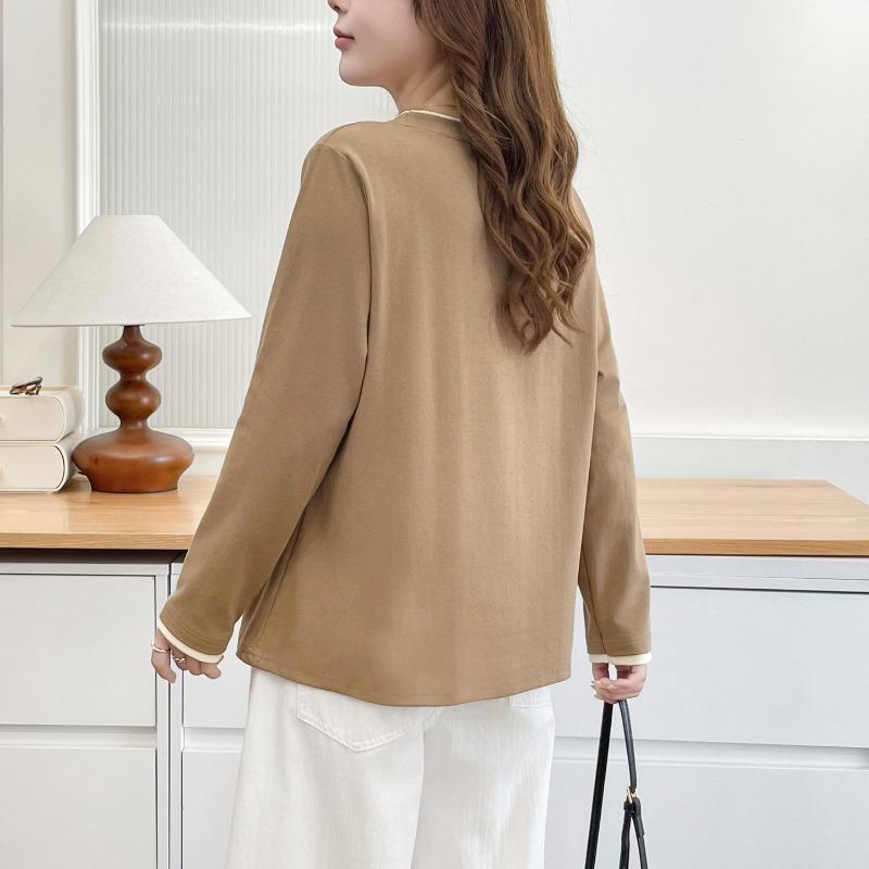 Women S Plus Size Long Sleeve Fake Two Piece Pullover Top Casual Slimming Base Shirt