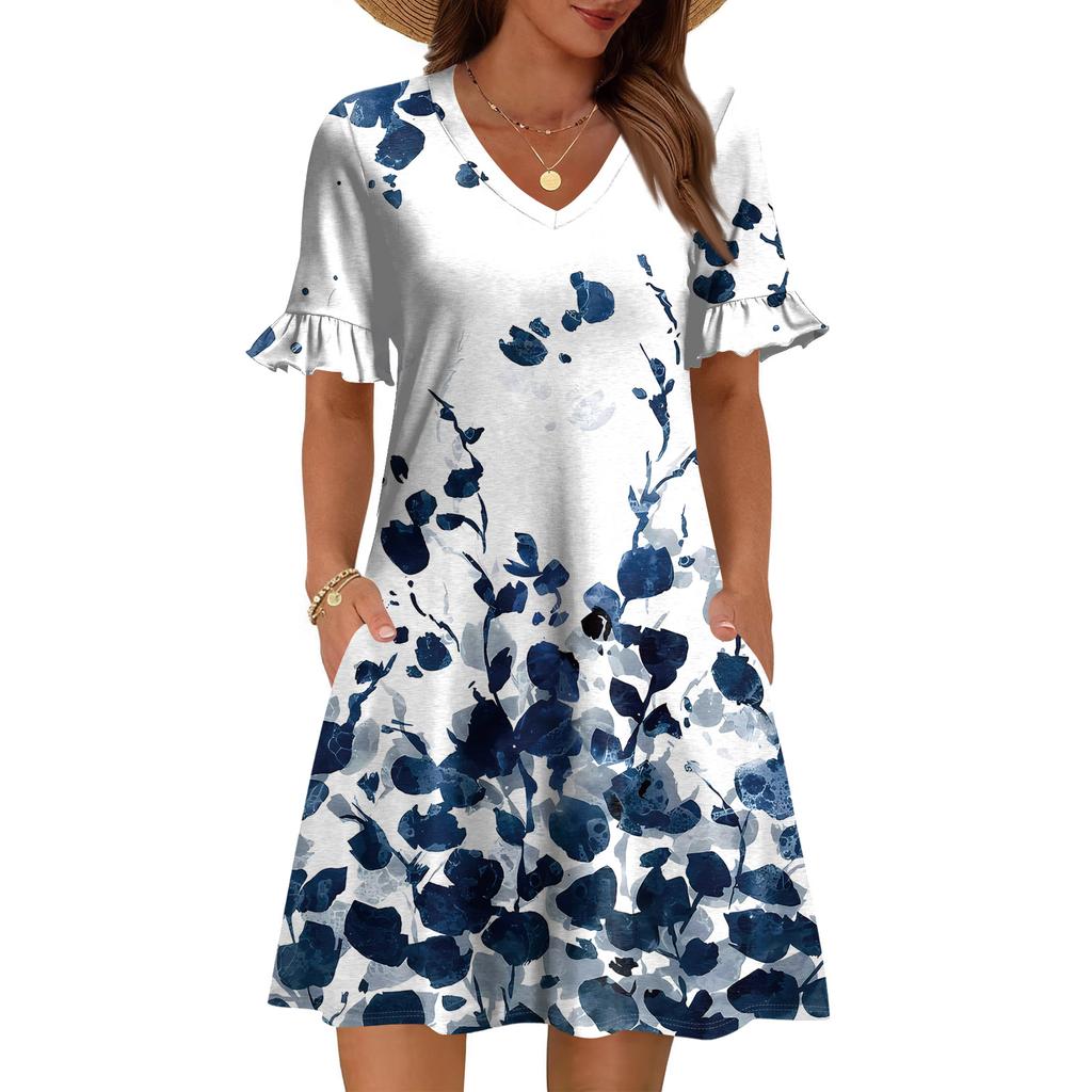 Women A Line Sun Dress Short Sleeve V Neck Printed Dress With Pockets