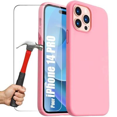 Phone Case - Silicone - for iPhone 14 Pro - Pink - Ultra-thin - 2 Tempered Glasses