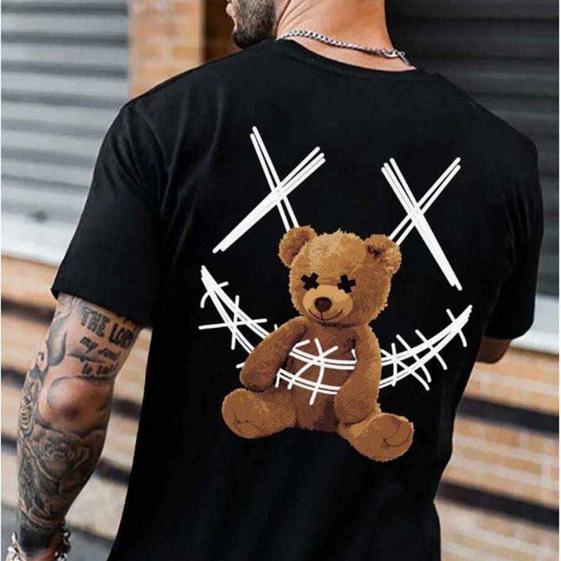 New Summer Men's Fashion T-shirt Cartoon Bear Smiling Face Printed Men's T-shirt Top