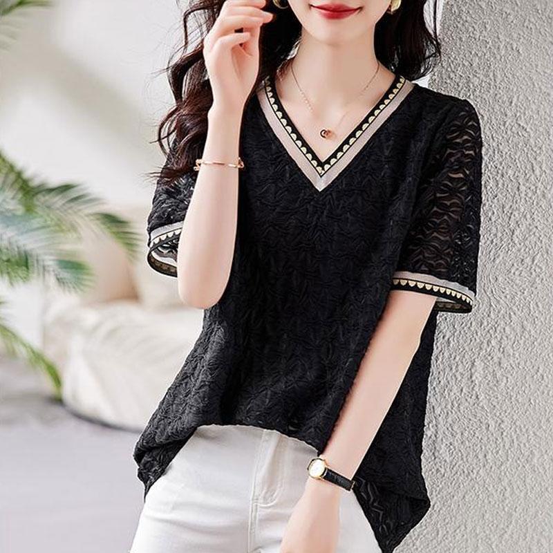 Koreanisches einfarbiges Mode-Spleißhemd Sommer dünn Kurzarm Pendeln Damenbekleidung lässig V-Ausschnitt locker Allround-Bluse
