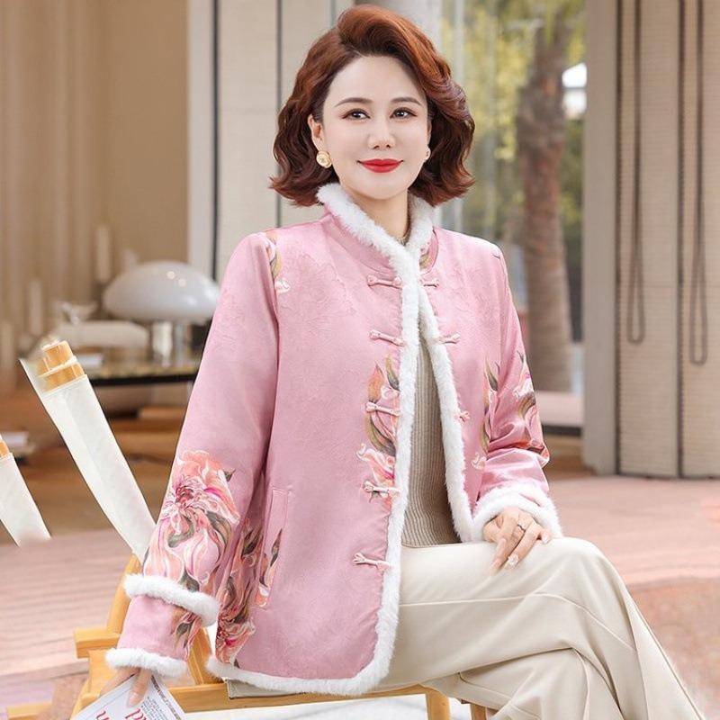 Women's velvet new cotton-padded coat printed jacket retro disc-buckled winter warm cotton-padded jacket thickened cotton-padded jacket