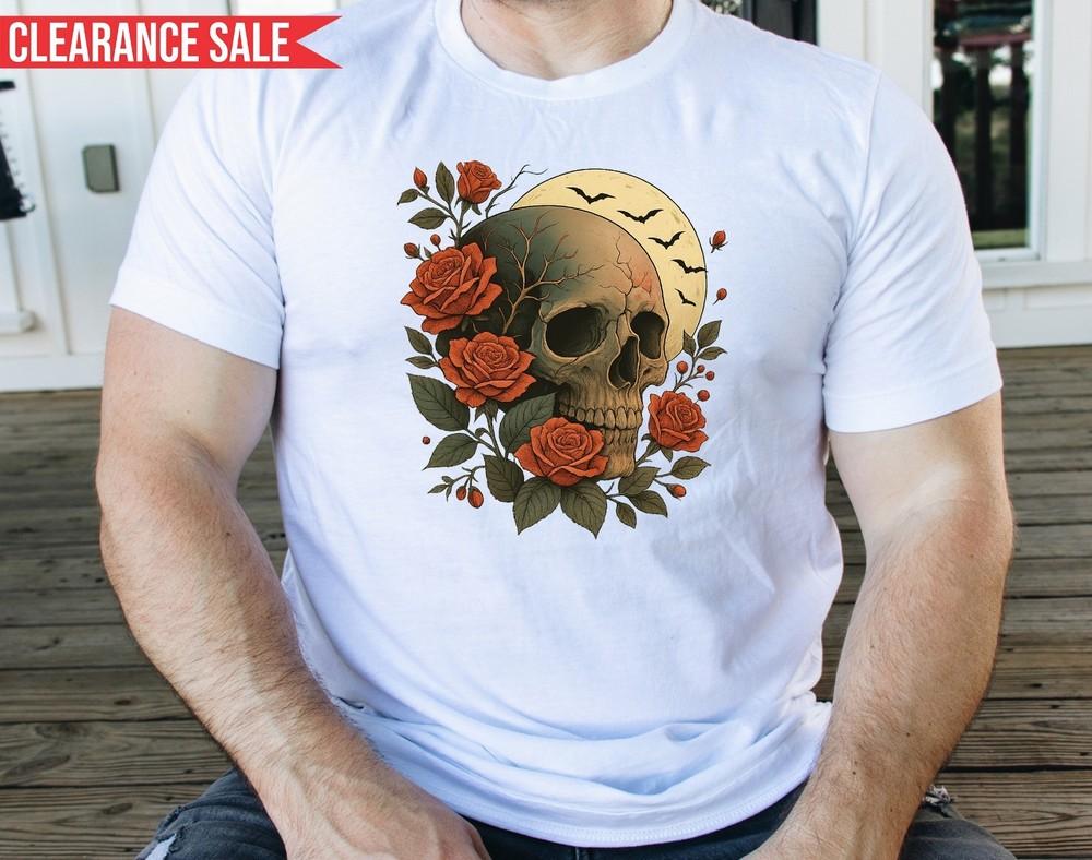 

A Dark Fantasy Skull With Roses And Moon T Shirt Printed Short Sleeve Men T Top L