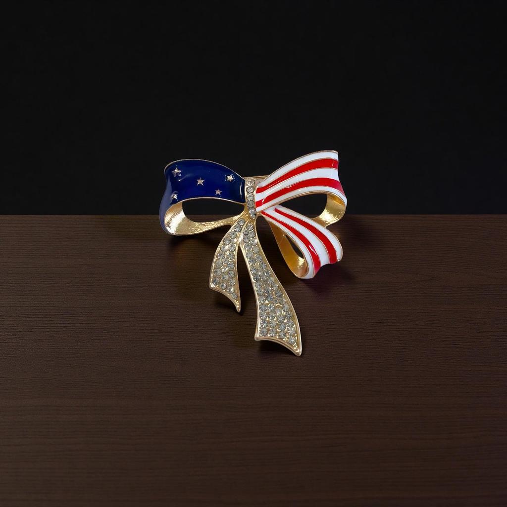American Flag Election Bow Brooch - Striped Flower Accessory