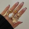 Fashion Gold Color Flower Crystal Imitation Pearl Open Ring for Women Engagement Party Gift Temperament Jewelry