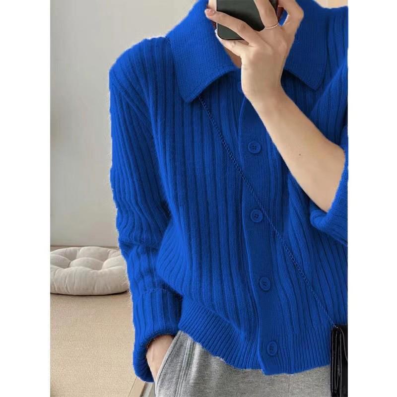 Chic Women's Ribbed Wool POLO Collar Short-Sleeve Knit Cardigan - Autumn/Winter Petite Outerwear.