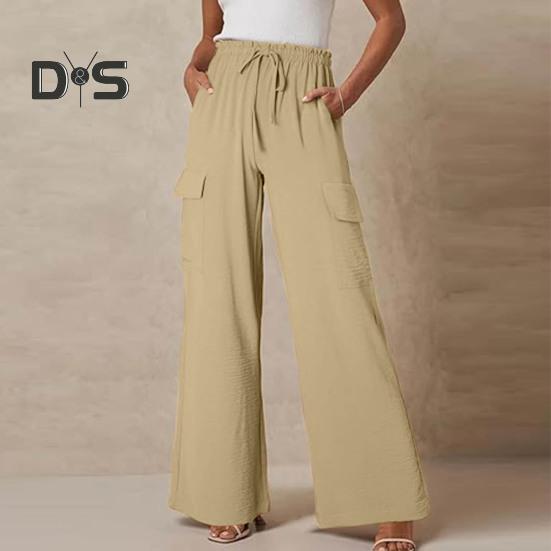 

Женские брюки-карго с эластичной талией, регулируемые на шнурке, длинные брюки с множеством карманов, прямые широкие брюки для отдыха XXL чёрный