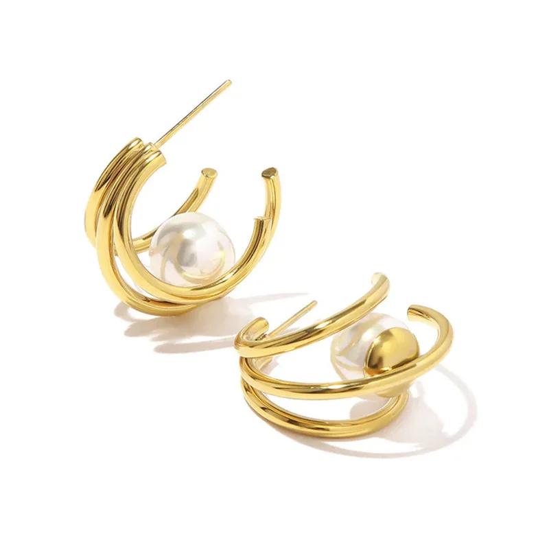 Gift New Light Luxury French Gold Imitation Pearl Earrings for Women, Fashionable Geometric Design, Bridal Zircon Accessories