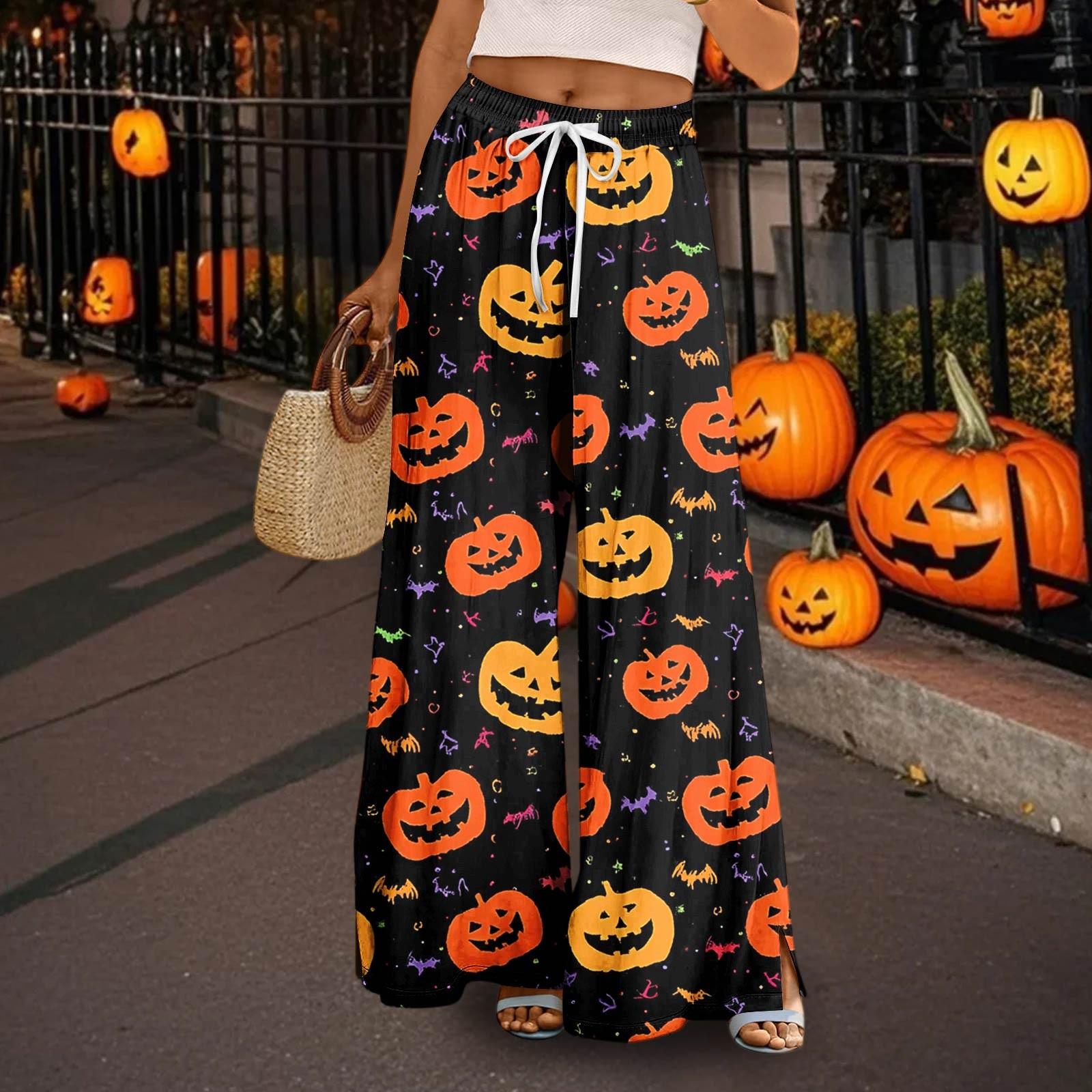 

Women s Casual Wide Leg Pants Stretch Belt Pocket Print Adjustable Tie Pants M помаранчевий