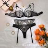 European and American Lace Embroidery Perspective Sex Underwear Sexy Mesh Bra Thong Garter Belt Three-piece Set