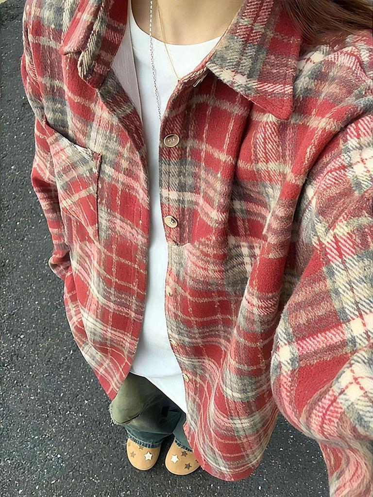 Women's Retro Red Plaid Brushed Shirt Jacket - Long Sleeve Casual Top for Autumn/Winter
