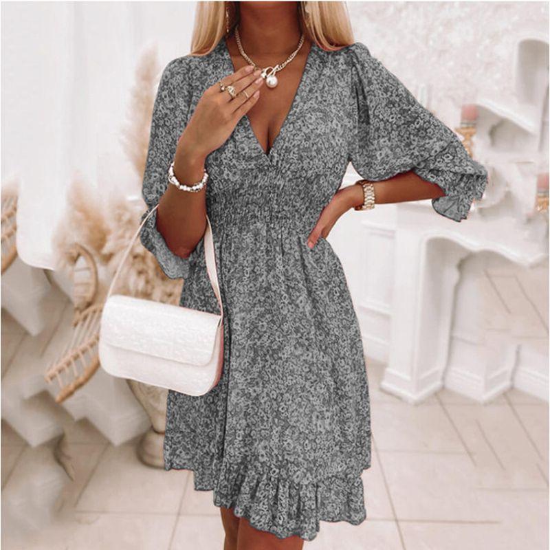 Sweet Summer Fashion Wind Depth V Neck Elastic and Waisted Floral Flounce Half-Length Sleeve Dress 6 Colors Female Dress