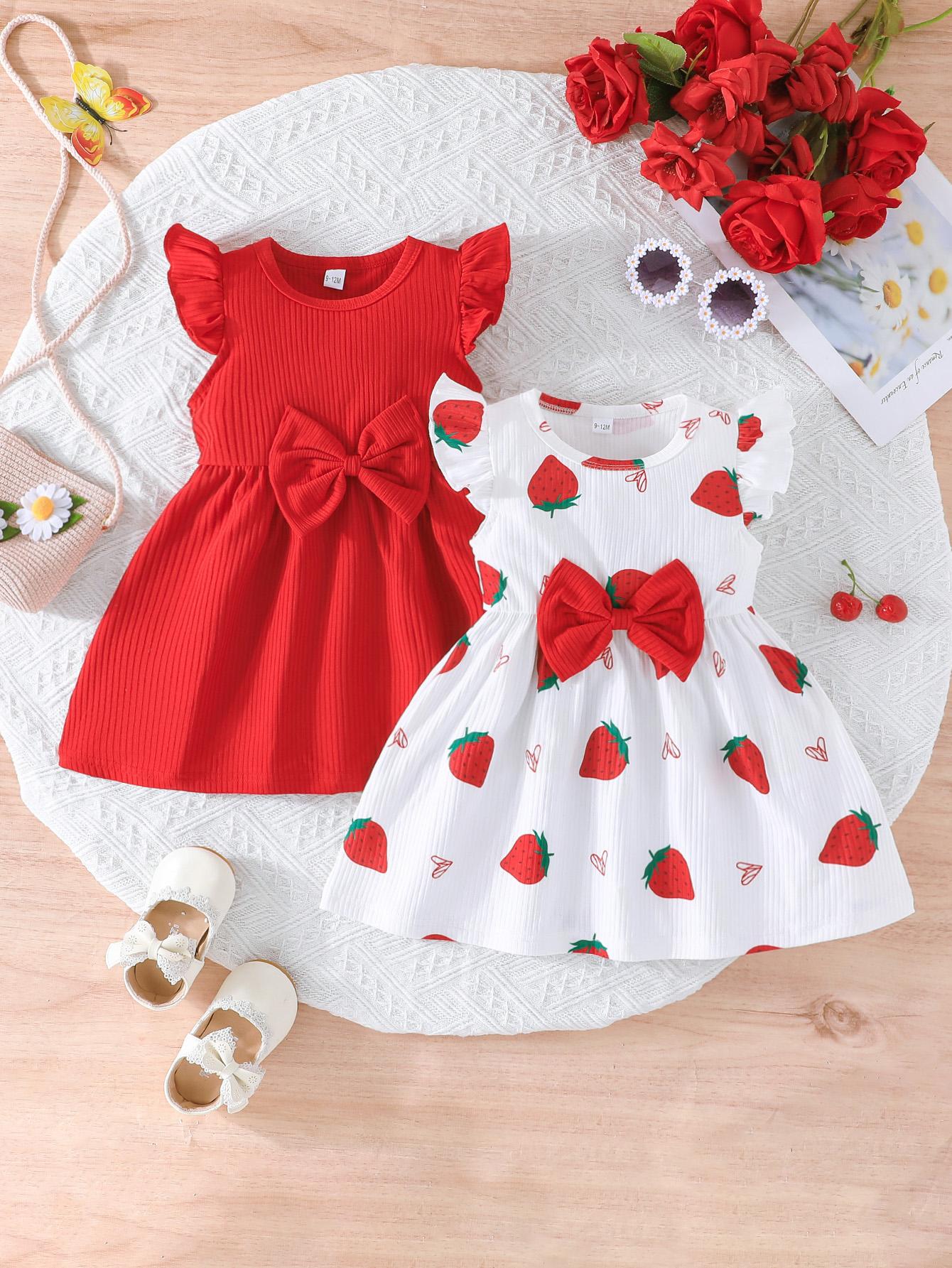 Girls  Strawberry Print & Solid Ruffle Sleeve Dress 6-9M ализарин красный