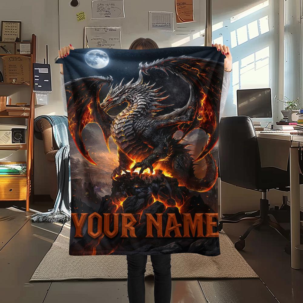 1PC Custom Name Dragons Fiery Majesty Patterned Flannel Blanket Suitable For All Seasons for Home Decor Warmth and Comfort Gifts Holiday Present_lx