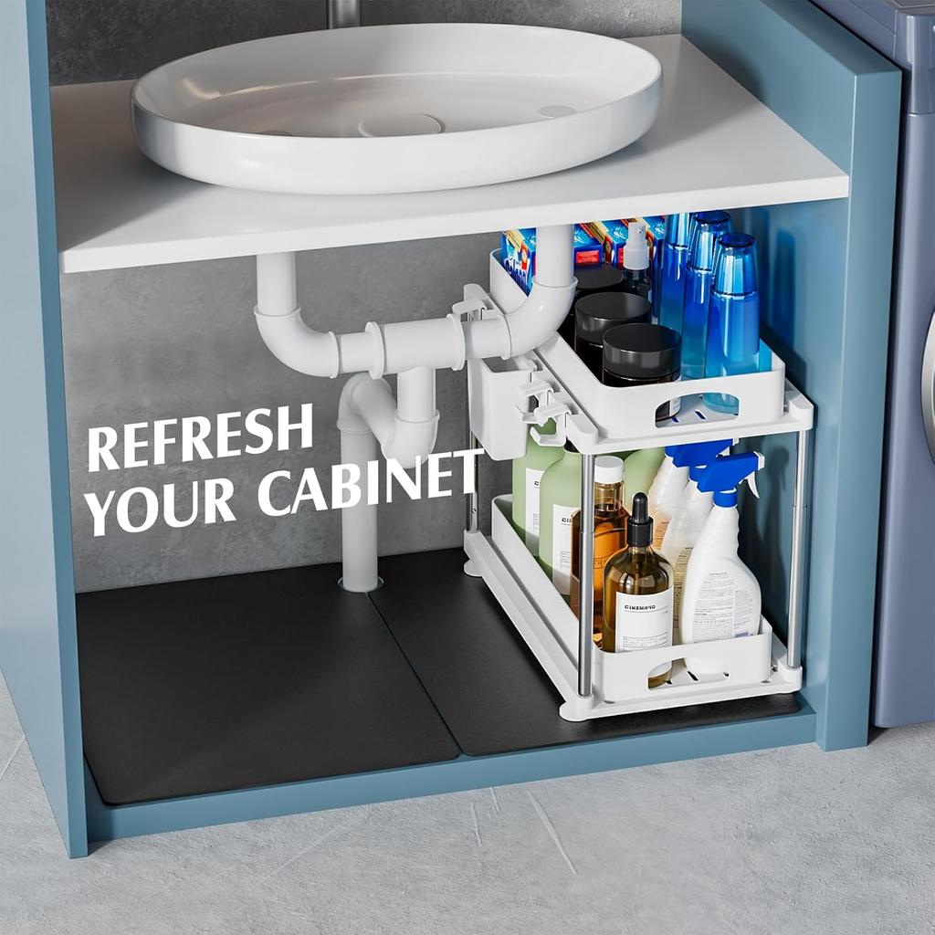 Under Sink Mat for Kitchen, 2 Piece Super Absorbent Undersink Mats for Bottom of Kitchen Sink, 34" X 22" Cuttable Under Sink Liner, Quick-Dry Under